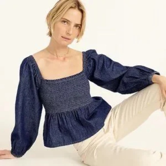J. Crew puff sleeve chambray smocked top denim blue size small - Picture 1 of 10